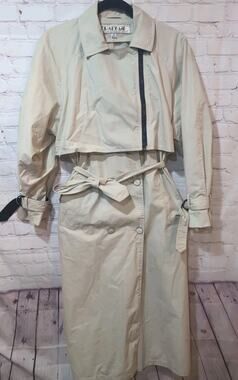 Vtg BRAEFAIR Architectural Trench Coat Cream w/ Black Contrast Zip Panel Belted